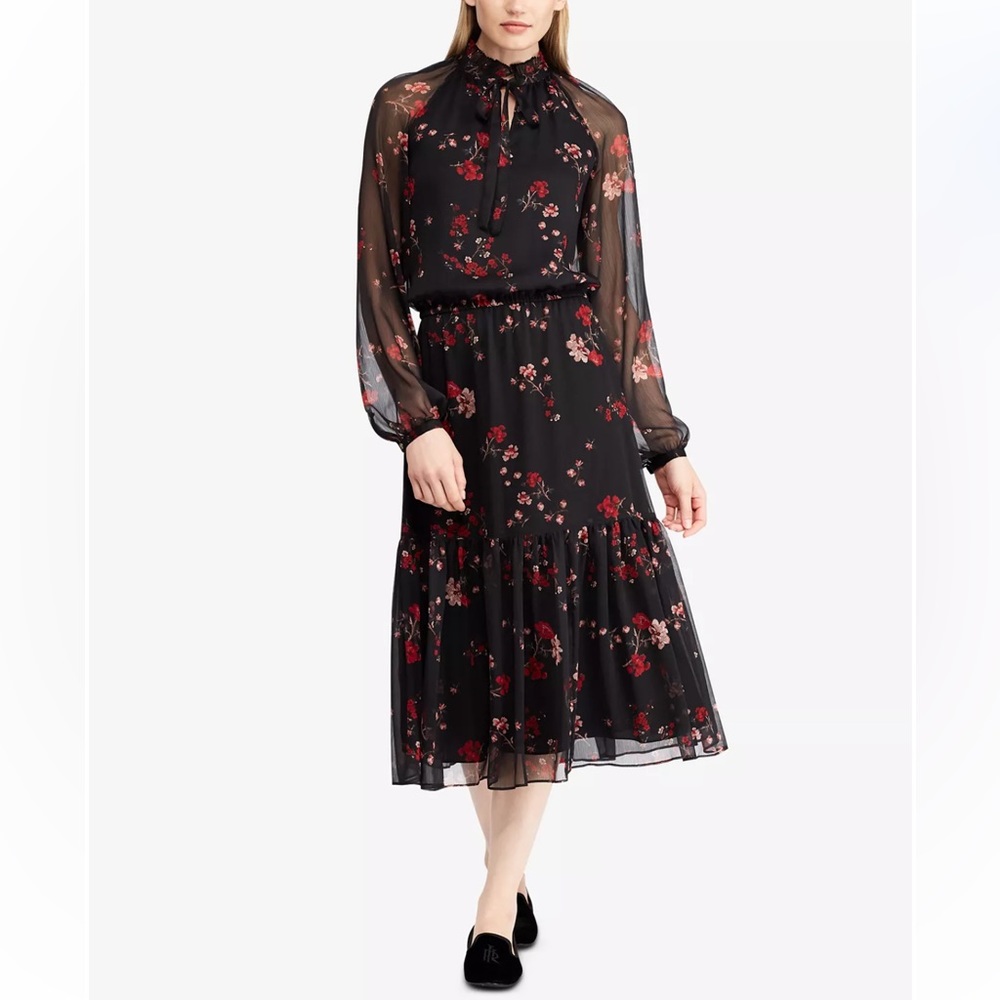 Lauren Ralph Lauren Black Floral Crinkle Georgette Midi Dress Size:8